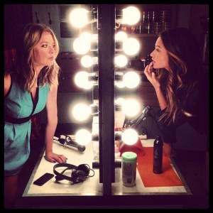 Ashley Benson and Shay Mitchell - Touching up makeup and posing on PLL set 7/17/13